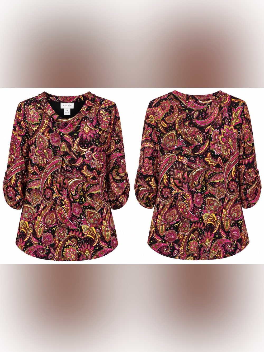 Dear Scarlett Fits Like Plus Size 1X Black Pink Paisley 3/4 Sleeve Tunic Blouse